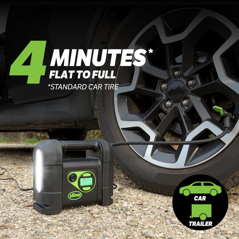Slime 40047 Tire Inflator, Portable Car Air Compressor, Rugged, Inflate Right automatic shut off, with Digital 99 psi Display, Long Hose and LED Light, 12V, 4 min inflation - Image 2